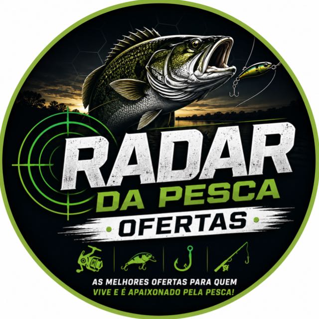 Logo do grupo Radar da Pesca | Ofertas: um black bass saltando ao lado de uma mira de radar verde